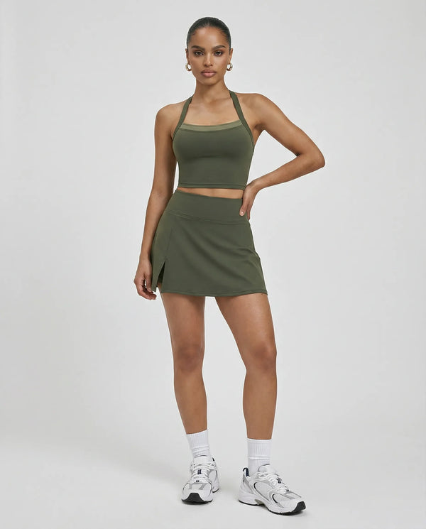 Women Square Neck Padel Matching Set Skirt & Crop Top Green