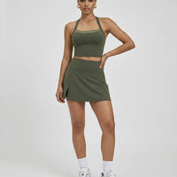 Women Square Neck Padel Matching Set Skirt & Crop Top Green