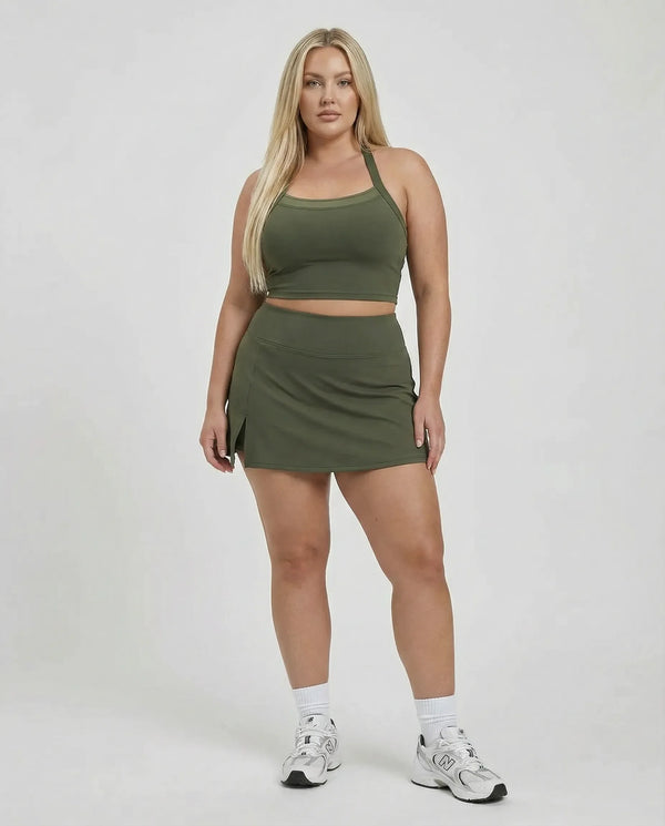 Women Square Neck Padel Matching Set Skirt & Crop Top Green
