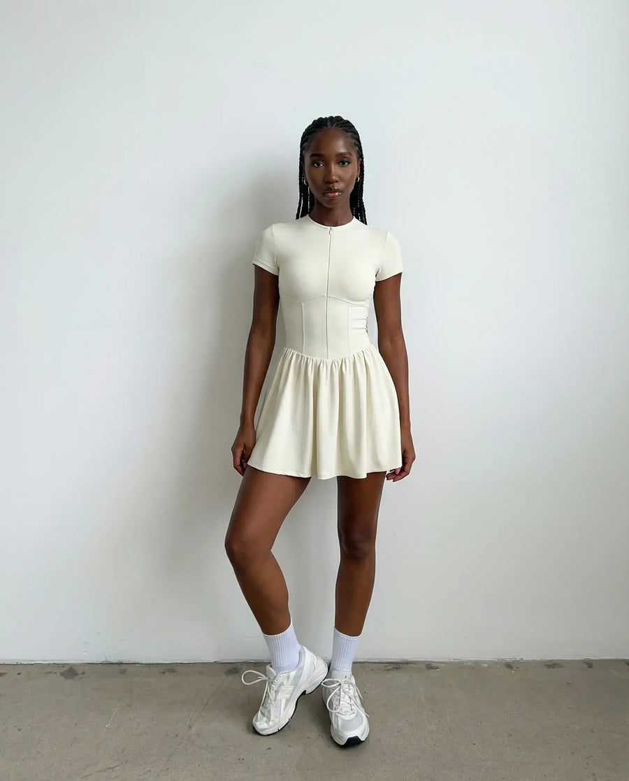 Women Zip-Up Sculpt Flare Padel Tennis Dress Activewear Cream
