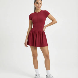 Women Zip-Up Sculpt Flare Padel Tennis Dress Activewear Burgundy