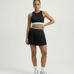 Women  Padel Matching Set Pleated Skirt & Crop Top Activewea Black
