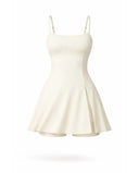 Women's padel dress in creme with square neckline and adjustable straps, ghost mannequin front view.
