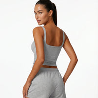 Ghost mannequin back view of gray sleeveless tank top showing clean back panel and strap placement.