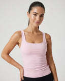 Ghost mannequin front view of pink sculpting sleeveless tank top with square neckline.
