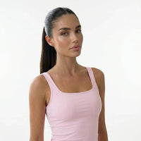 Ghost mannequin back view of pink sleeveless tank top showing clean back panel and strap detail.
