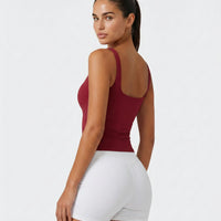 Ghost mannequin back view of red sleeveless tank top showing clean back panel and wide strap placement.