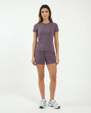 Ghost mannequin back view of purple fitted t-shirt top displaying clean back seam detail.