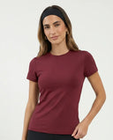 Ghost mannequin front view of red sculpting crew neck t-shirt top showing clean neckline and slim fit.