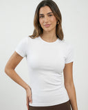 Ghost mannequin front view of white ribbed crew neck t-shirt top showing sculpting fit and short sleeves.