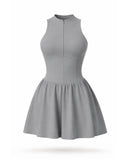 Front view of women's grey padel dress with zip front and sculpting corset bodice on ghost mannequin.