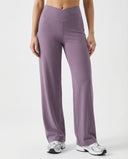 Close-up of mauve high waist crossover wide leg leggings showing the sculpting V-panel crossover waistband, front view.