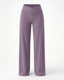 Mauve high waist crossover wide leg leggings front view, ghost mannequin showing crossover V-panel waistband