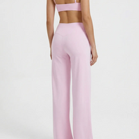 Pink high waist crossover wide leg leggings ghost back view showing high waist band and wide leg silhouette